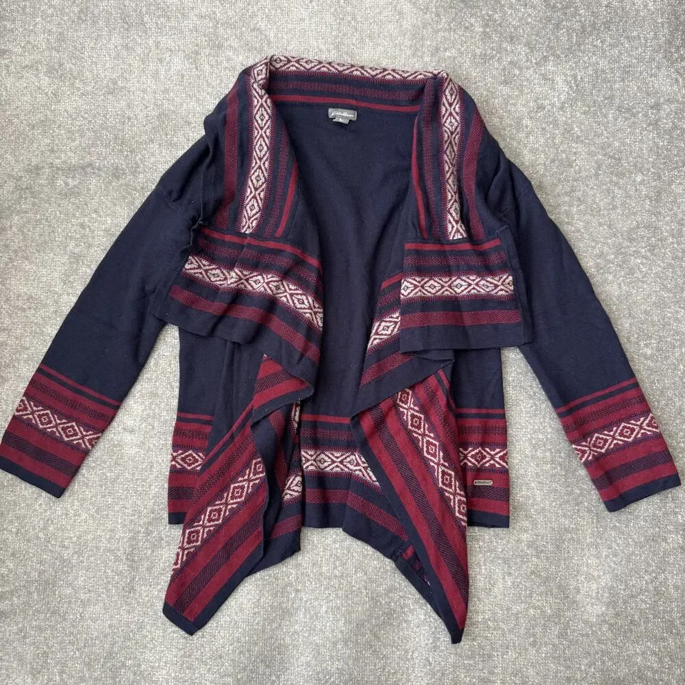 Eddie Bauer Sweater Womens Small Navy Red Open Front Cardigan Aztec Wool Blend - Picture 1 of 8